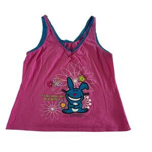 Y2K 2000s Happy Bunny Pink Its All About Me Lace Trim Tank Sz XL